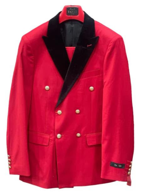 Men's Red Double-Breasted Wedding Tuxedo with Black Velvet Lapel and Gold Buttons - Christmas New Year Suit