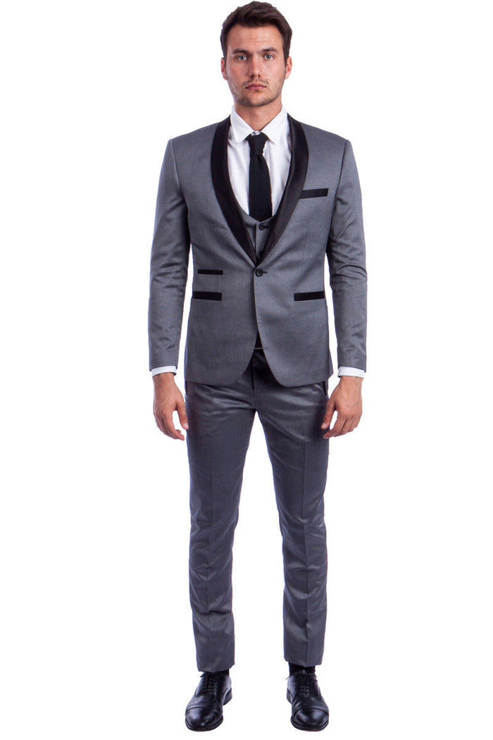 Men's Grey One Button Vested Shawl Tuxedo
