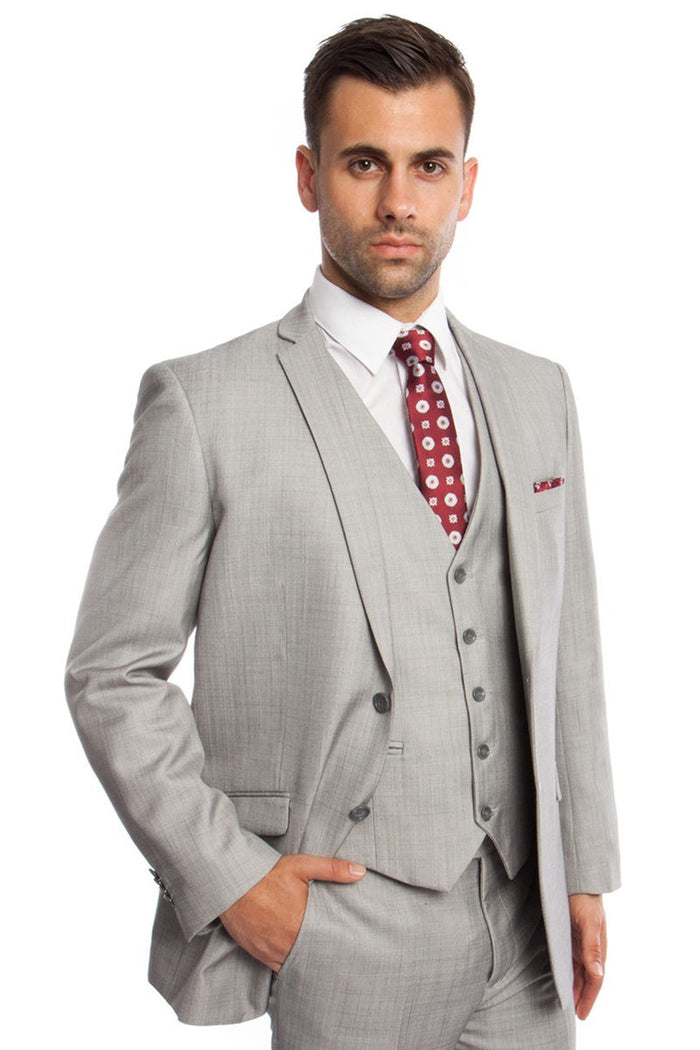 Men's Light Grey Vested Business Suit by Tazzio