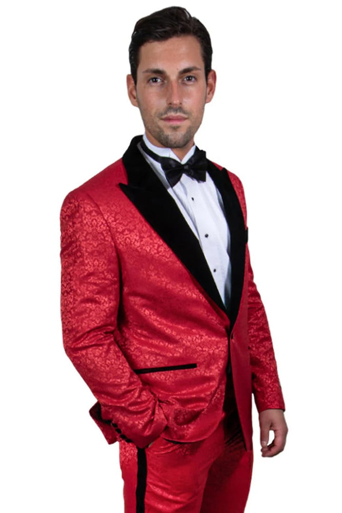 Men's Stacy Adams Paisely Prom 2025 & Wedding Tuxedo In Red & Black