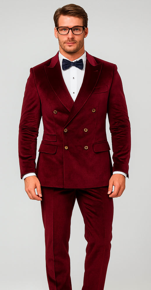 Velvet Suits - Double Breasted Suits - Slim Fit Suit Burgundy