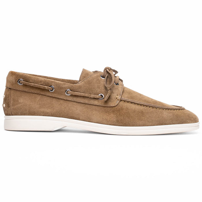 Zelli Venice Hand-Stitched Sueded Goatskin Boat Shoe in Taupe