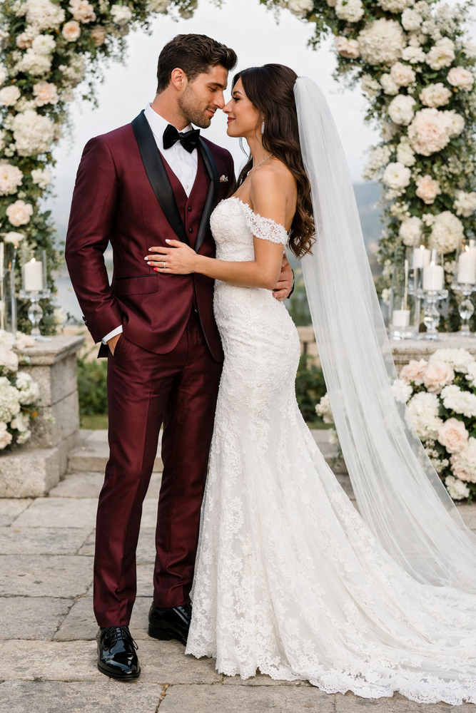Luxury Burgundy Shawl Lapel Tuxedo – Versailles 1-Button 3-Piece Suit
