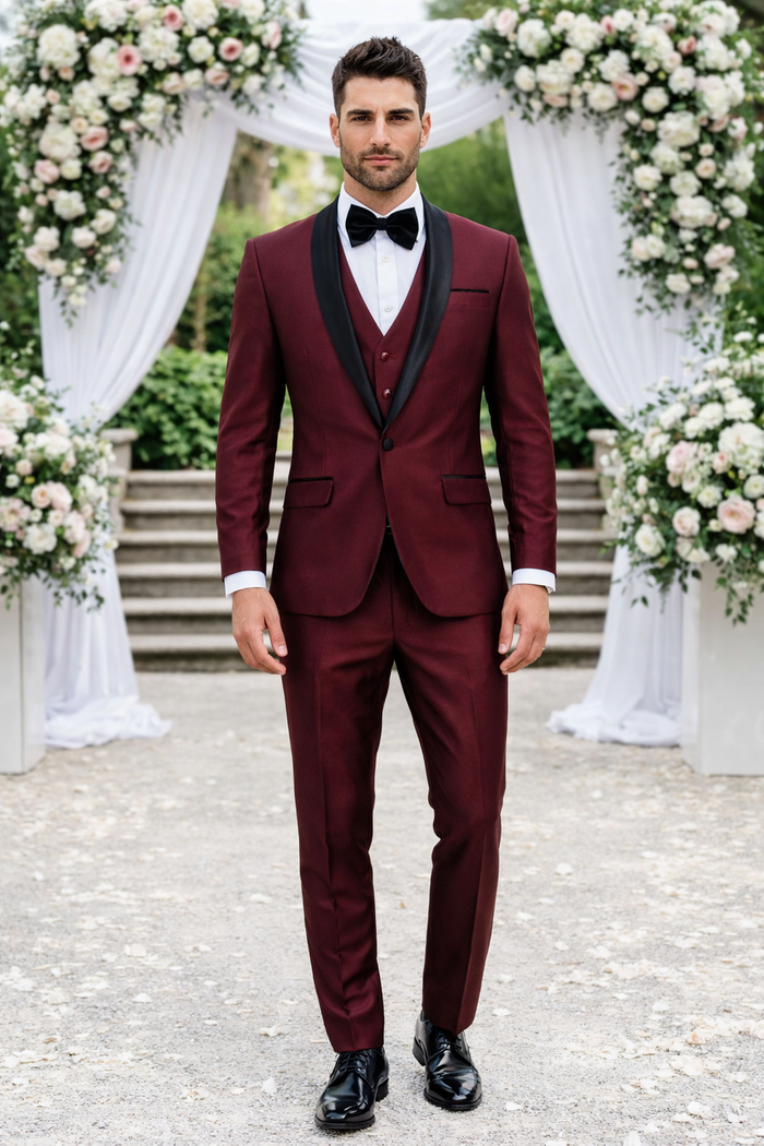 Luxury Burgundy Shawl Lapel Tuxedo – Versailles 1-Button 3-Piece Suit