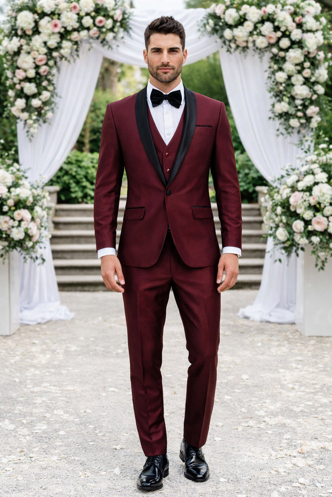 Luxury Burgundy Shawl Lapel Tuxedo – Versailles 1-Button 3-Piece Suit