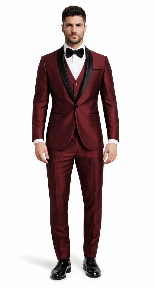 Luxury Burgundy Shawl Lapel Tuxedo – Versailles 1-Button 3-Piece Suit