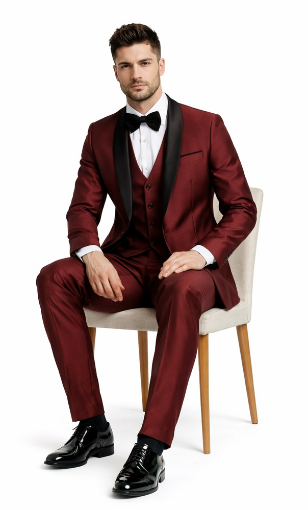 Luxury Burgundy Shawl Lapel Tuxedo – Versailles 1-Button 3-Piece Suit
