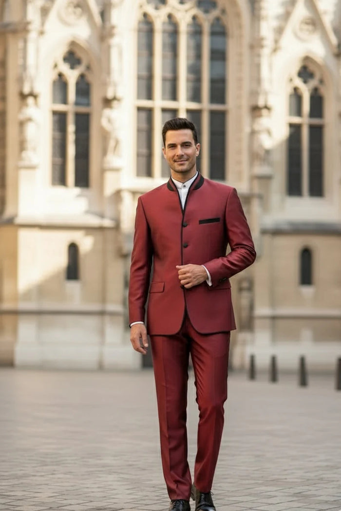 Mens Burgundy Sharkskin Mandarin Collar Tuxedo - 2 Piece Slim Fit Luxury Set
