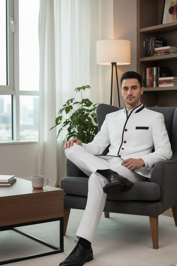Mens White Sharkskin Mandarin Collar Tuxedo - 2 Piece Slim Fit Luxury Set