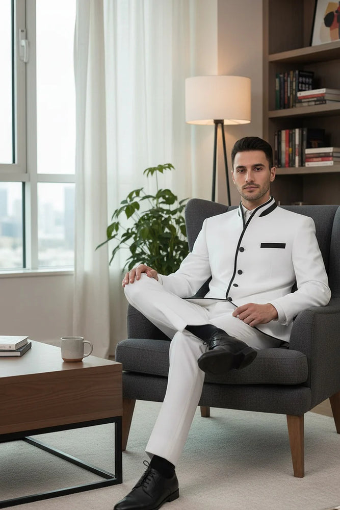 Mens White Sharkskin Mandarin Collar Tuxedo - 2 Piece Slim Fit Luxury Set