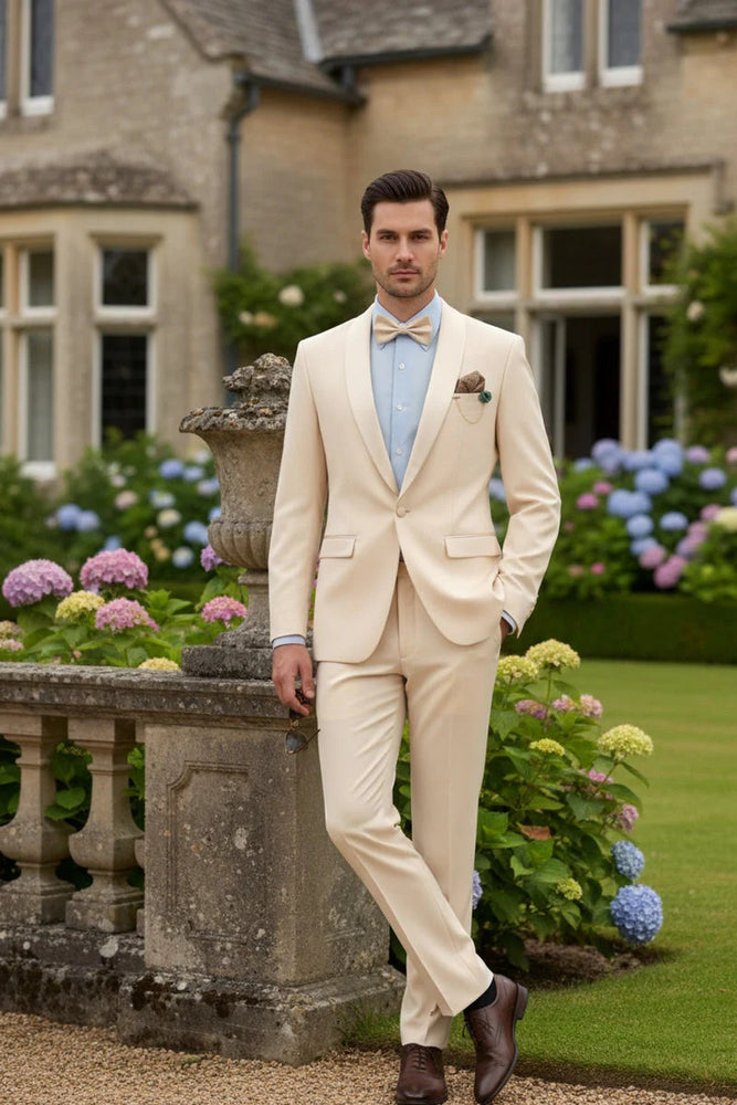 Spectrum Champagne Shawl Lapel Tuxedo – 3-Piece One Button Elegant Formal Suit
