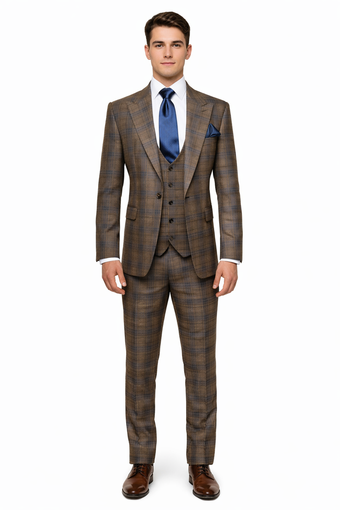 Vintage Camel-Navy Windowpane 3-Piece Gentleman’s Suit for Formal Elegance
