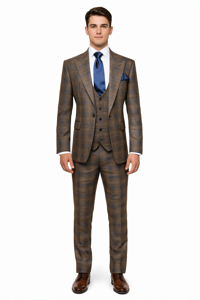 Vintage Camel-Navy Windowpane 3-Piece Gentleman’s Suit for Formal Elegance