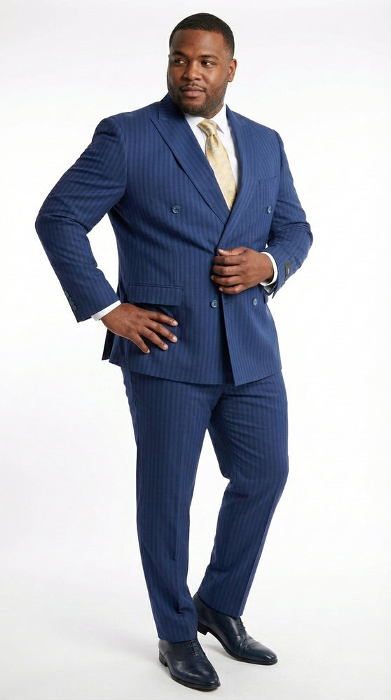 Vitali Mens Blue Tone on Tone Shadow Pinstripe Suit Set – Double Breasted Business Modern Fit Side Vented