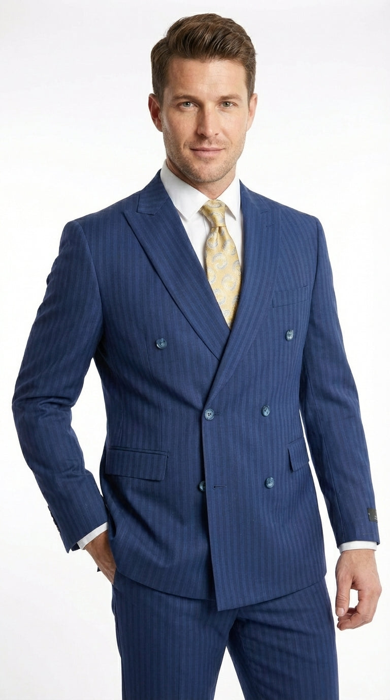 Vitali Mens Blue Tone on Tone Shadow Pinstripe Suit Set – Double Breas ...