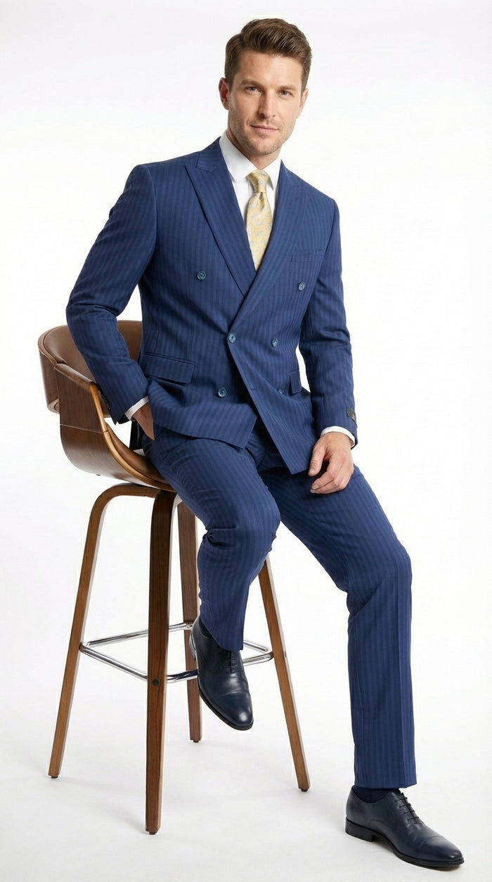 Vitali Mens Blue Tone on Tone Shadow Pinstripe Suit Set – Double Breasted Business Modern Fit Side Vented