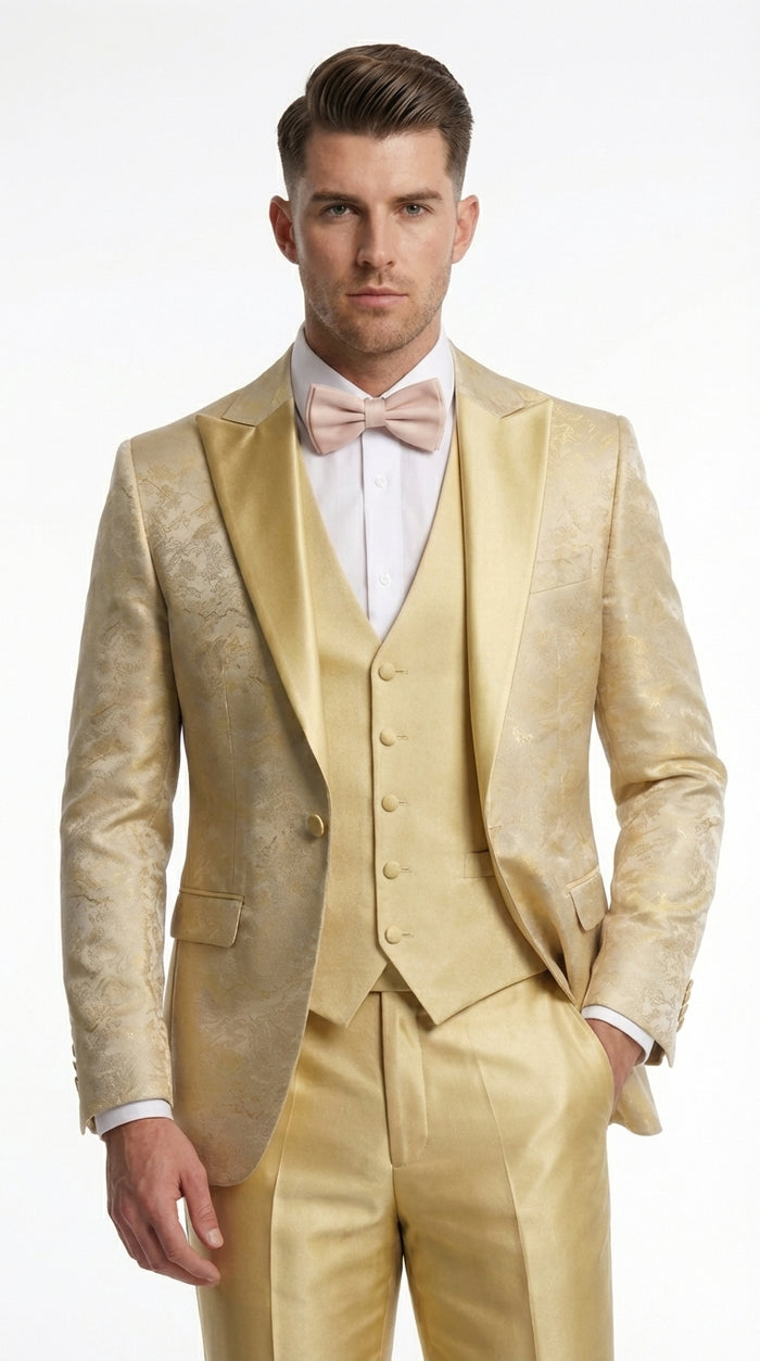 Vitali Mens Yellow Gold Designer Tuxedo Suit Set – Luxury Wedding Prom Formal Tuxedo with Vest Bow Tie in Champaign Color