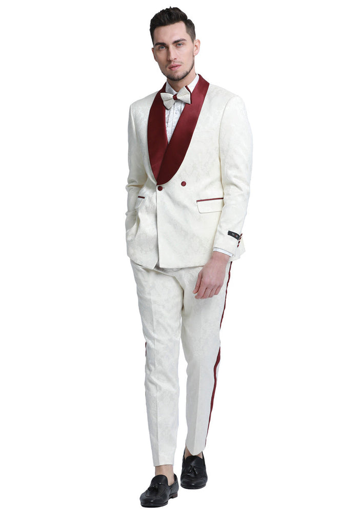 Men's Slim Fit Ivory & Burgundy Paisley Smoking Jacket