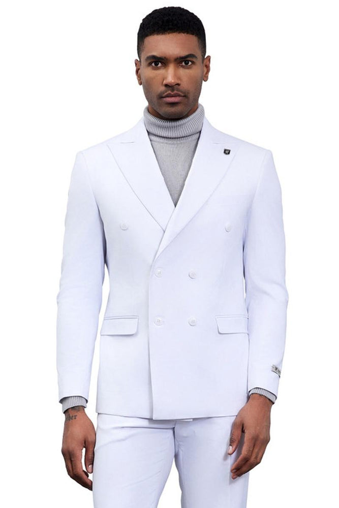 Men's Designer Stacy Adams Classic Double Breasted Suit in White