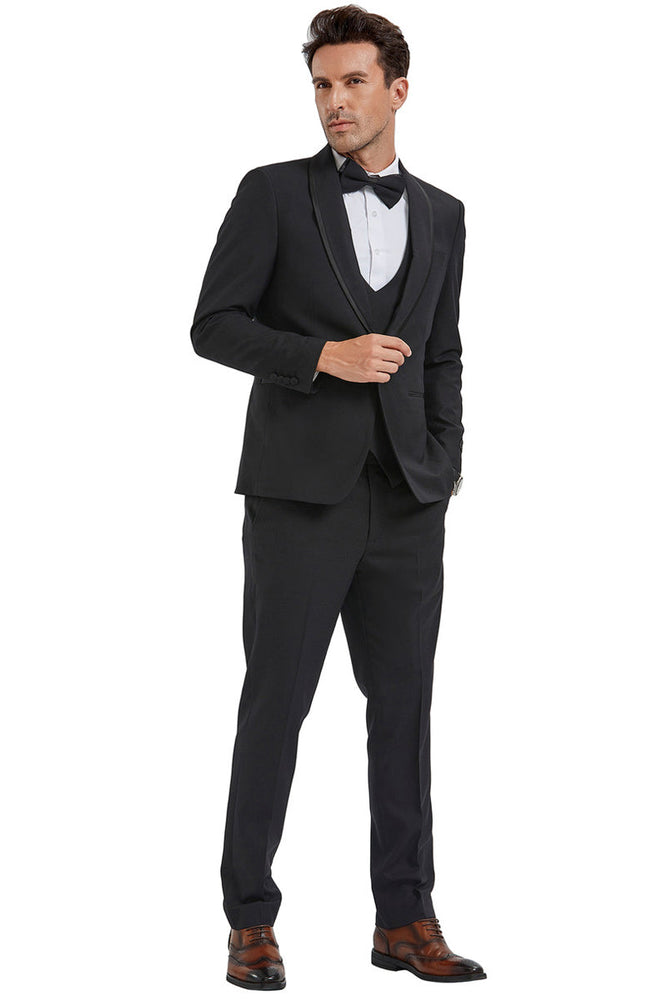 Men's One Button Vested Shawl Tuxedo in Black Birdseye