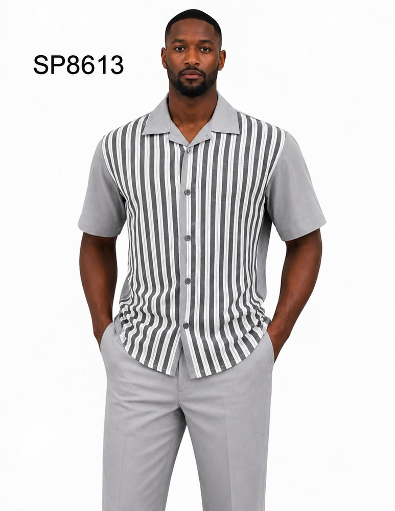 Men’s Light Gray Vertical Stripe Walking Suit Set – 2 Piece Short Sleeve Casual Outfit