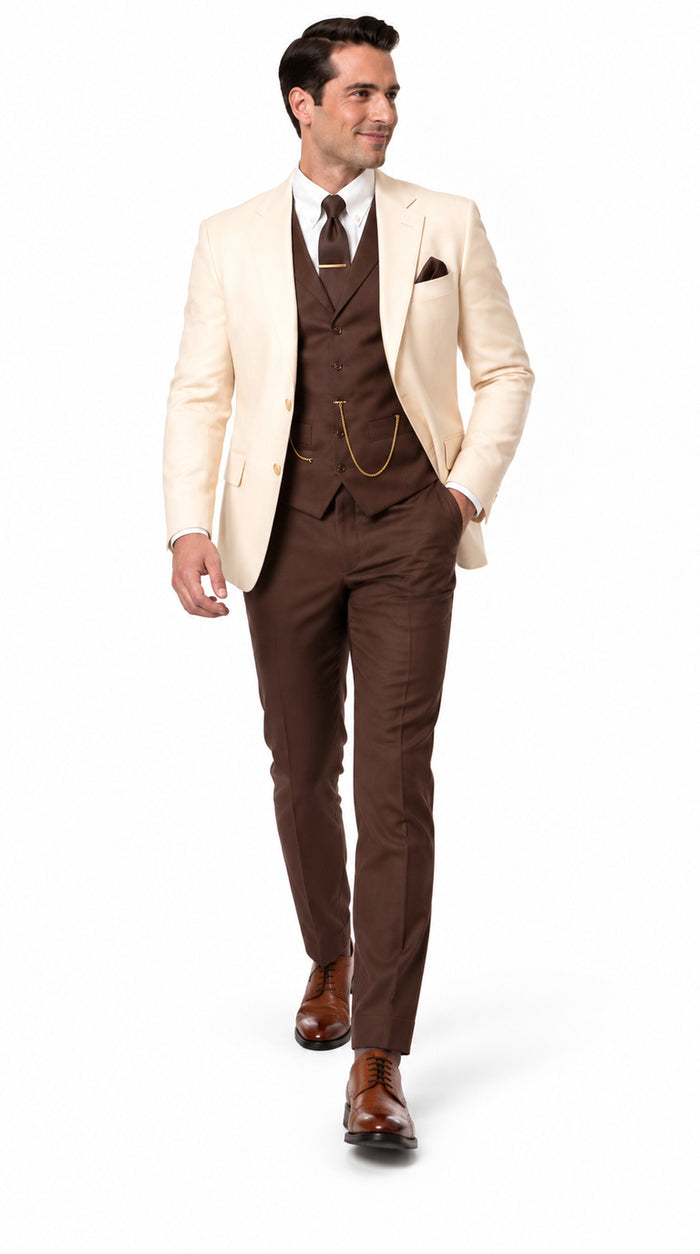 Great Gatsby 1920s ivory Dinner Jacket with Brown Vest and Pants Crema off White Collor Outfit