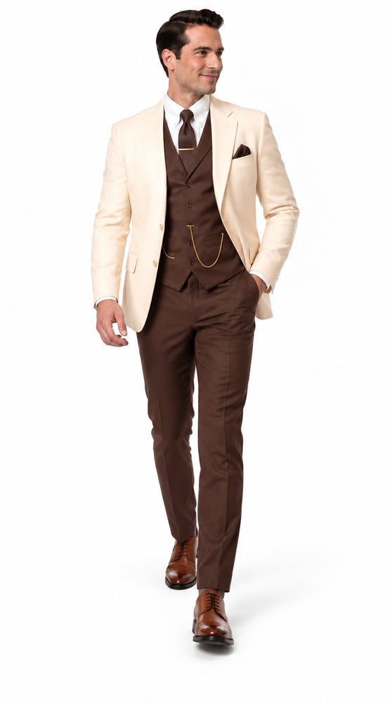 Great Gatsby 1920s ivory Dinner Jacket with Brown Vest and Pants Crema off White Collor Outfit