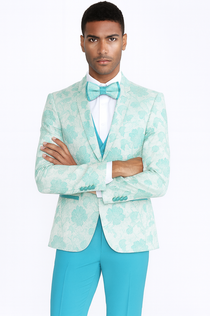 Aqua Tuxedo with Floral Pattern Four Piece Set - Wedding - Prom 2026 - Men's Flower Suit