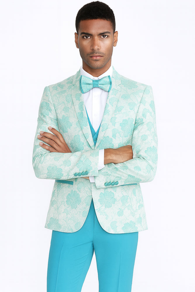 Aqua Tuxedo with Floral Pattern Four Piece Set - Wedding - Prom 2026 - Men's Flower Suit