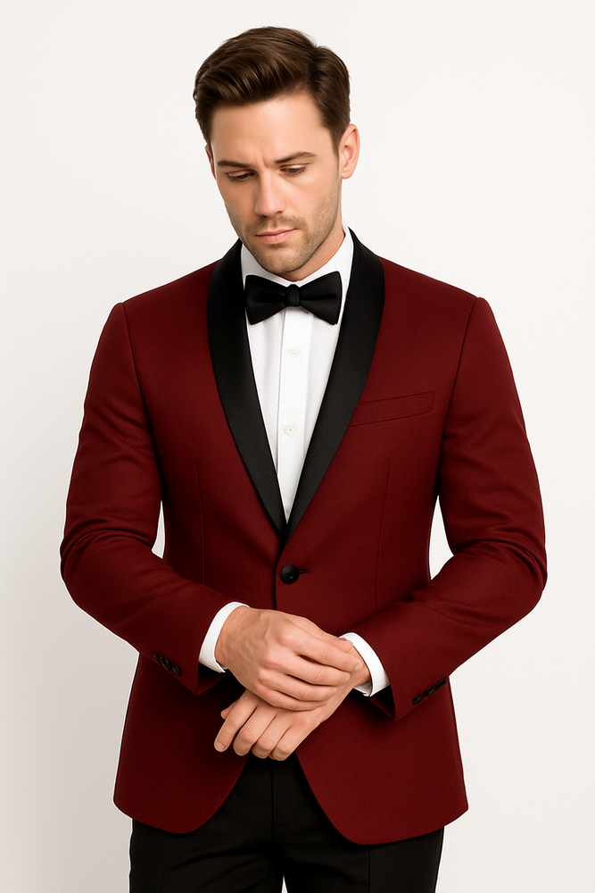 Prom 2025 ~ Wedding Tuxedo Dinner Jacket Burgundy and Black Trim