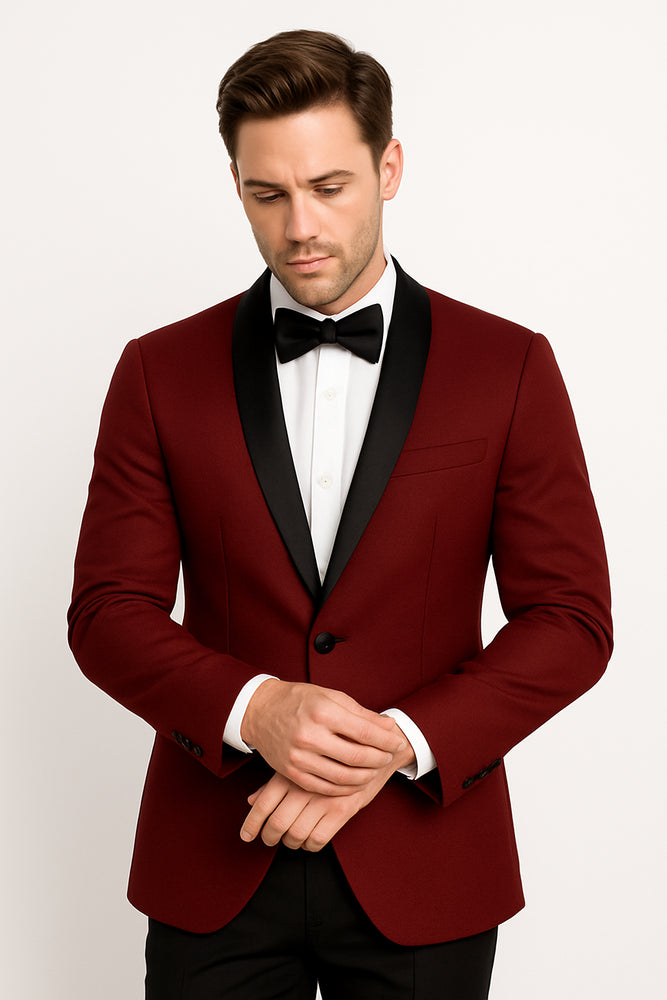 Prom 2026 ~ Wedding Tuxedo Dinner Jacket Burgundy and Black Trim