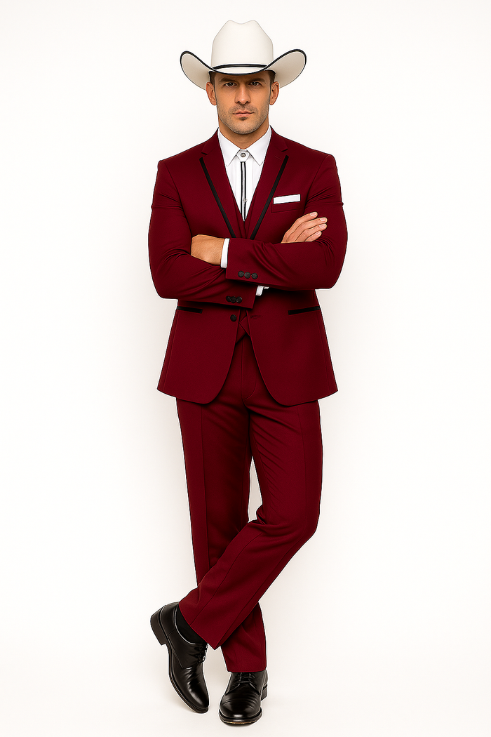 SKU#JA60892 Country Tuxedos Mens Traje Vaquero - Burgundy Tuxedo