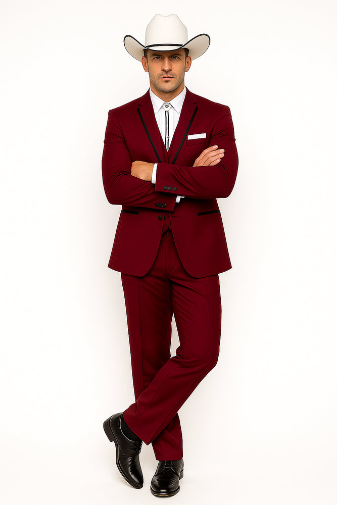 SKU#JA60892 Country Tuxedos Mens Traje Vaquero - Burgundy Tuxedo