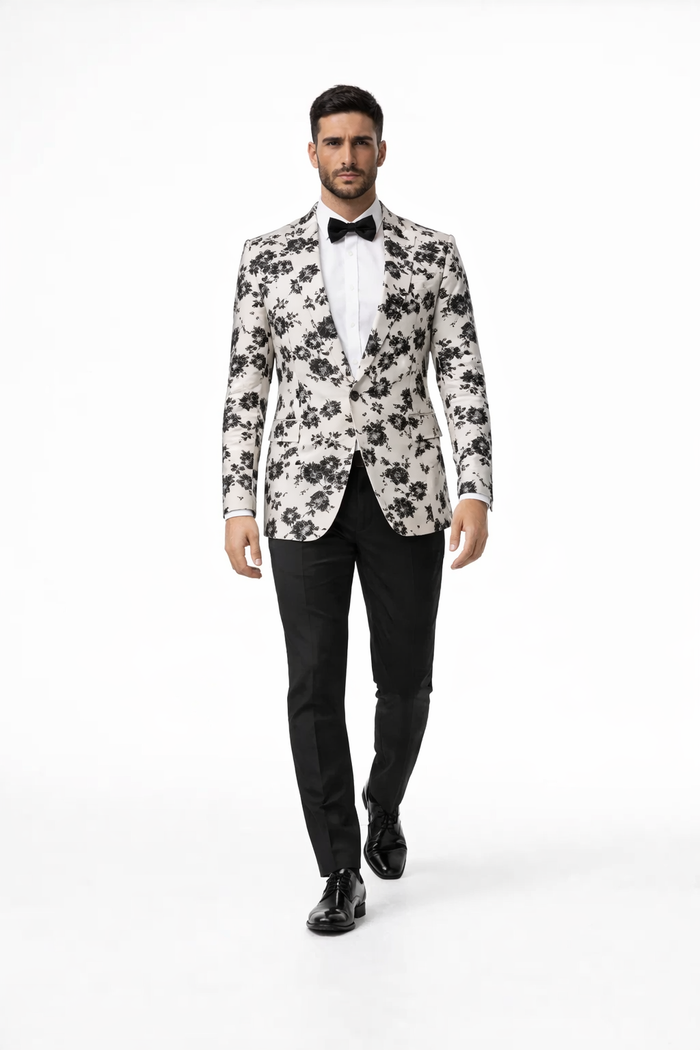 White and Black Floral Blazer - Dinner Jacket - Sport Coat - Linen Blazer