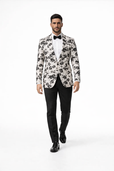 White and Black Floral Blazer - Dinner Jacket - Sport Coat - Linen Blazer