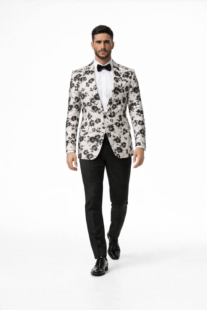 White and Black Floral Blazer - Dinner Jacket - Sport Coat - Linen Blazer