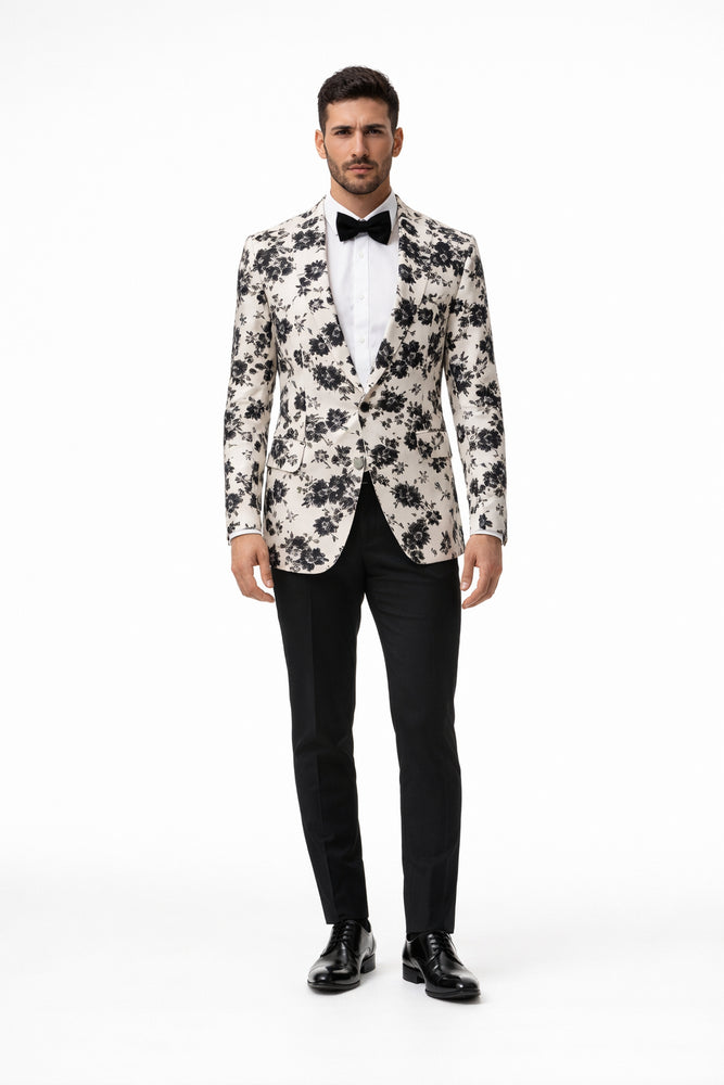 White and Black Floral Blazer - Dinner Jacket - Sport Coat - Linen Blazer