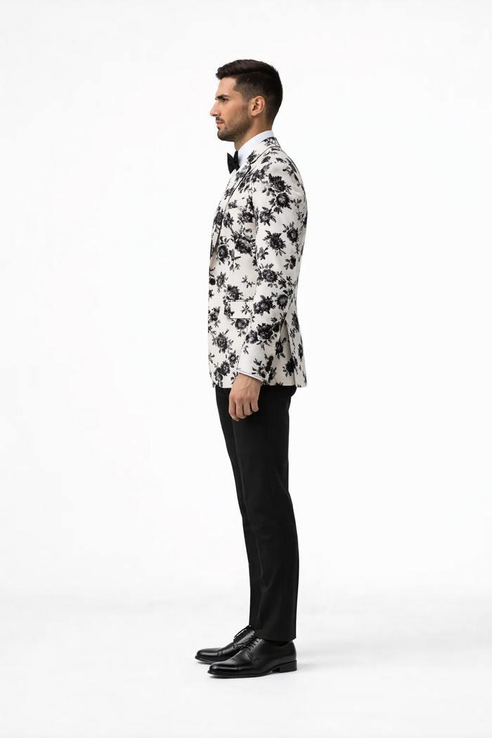 White and Black Floral Blazer - Dinner Jacket - Sport Coat - Linen Blazer