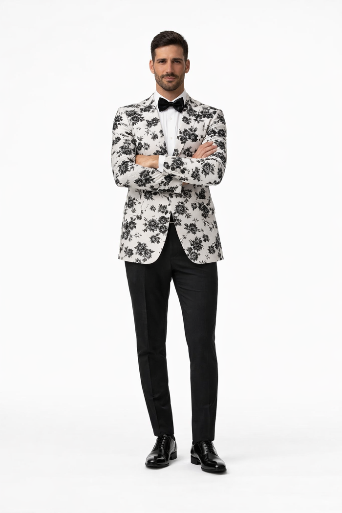 White and Black Floral Blazer - Dinner Jacket - Sport Coat - Linen Blazer