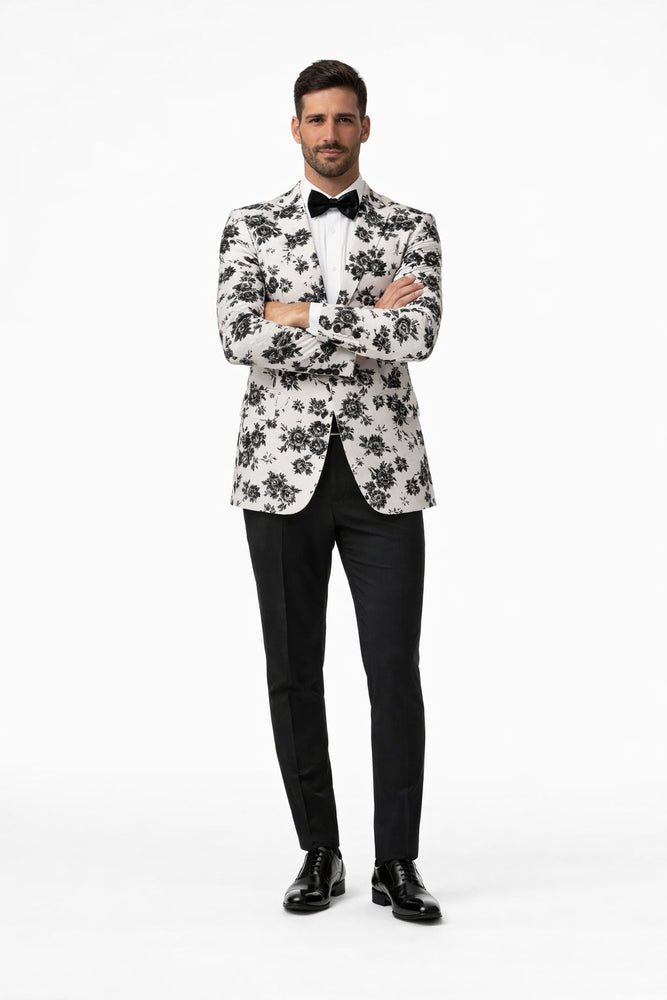 White and Black Floral Blazer - Dinner Jacket - Sport Coat - Linen Blazer