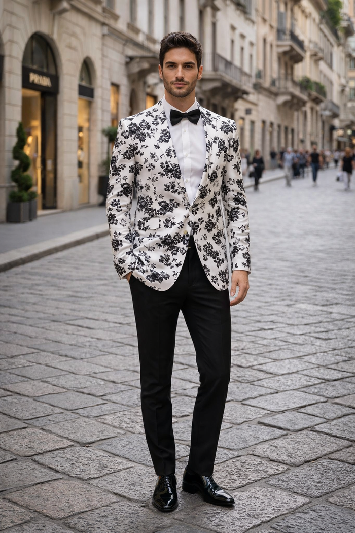 White and Black Floral Blazer - Dinner Jacket - Sport Coat - Linen Blazer