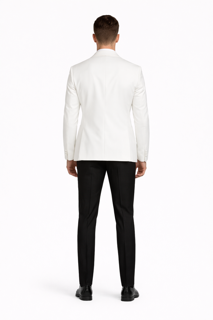 White and Black Tuxedo Wedding Suit - White Dinner Jacket + Vest + Pants + Bow-tie