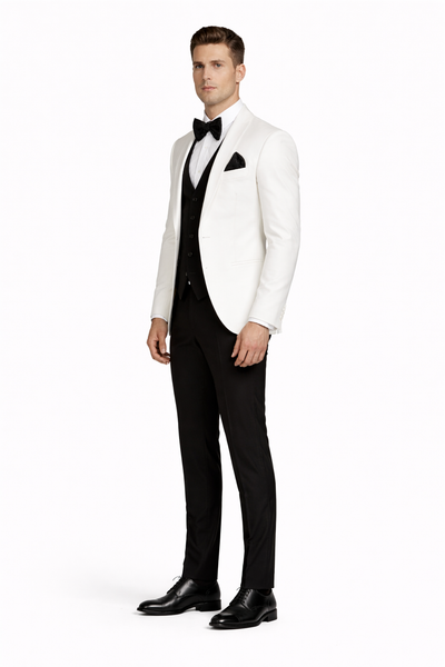 White and Black Tuxedo Wedding Suit - White Dinner Jacket + Vest + Pants + Bow-tie