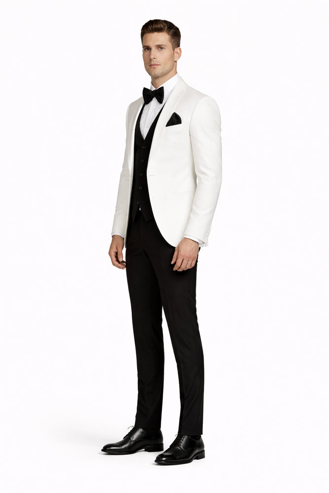 White and Black Tuxedo Wedding Suit - White Dinner Jacket + Vest + Pants + Bow-tie