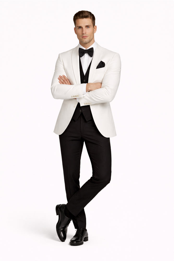 White and Black Tuxedo Wedding Suit - White Dinner Jacket + Vest + Pants + Bow-tie