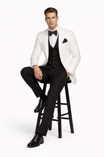 White and Black Tuxedo Wedding Suit - White Dinner Jacket + Vest + Pants + Bow-tie