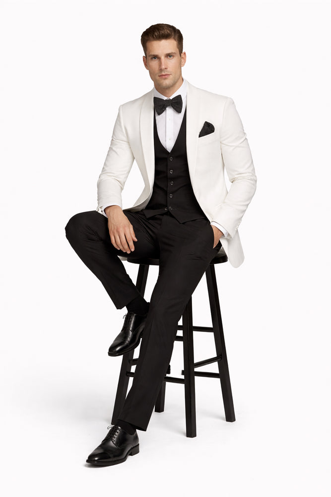 White and Black Tuxedo Wedding Suit - White Dinner Jacket + Vest + Pants + Bow-tie