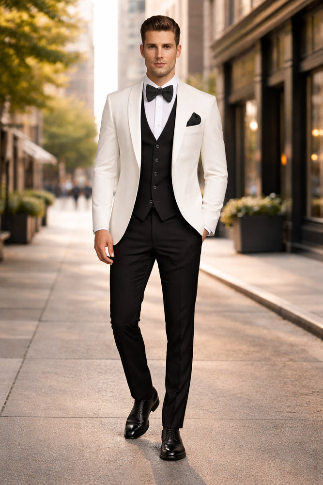White and Black Tuxedo Wedding Suit - White Dinner Jacket + Vest + Pants + Bow-tie