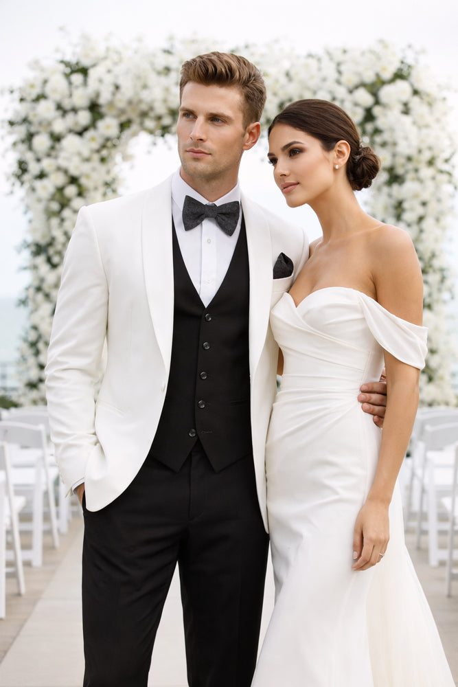 White and Black Tuxedo Wedding Suit - White Dinner Jacket + Vest + Pants + Bow-tie