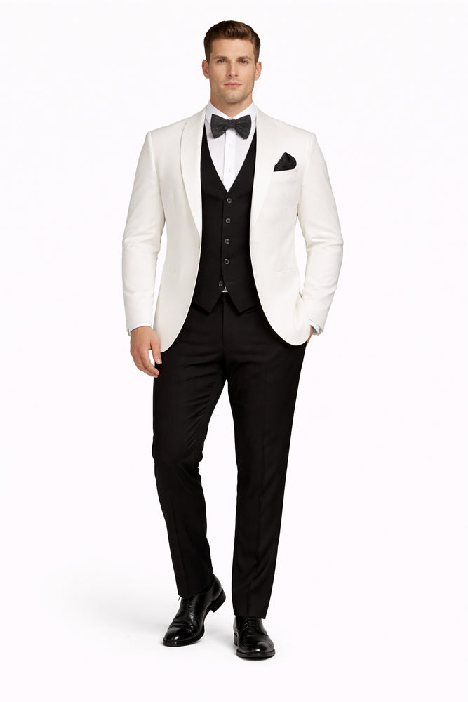 White and Black Tuxedo Wedding Suit - White Dinner Jacket + Vest + Pants + Bow-tie